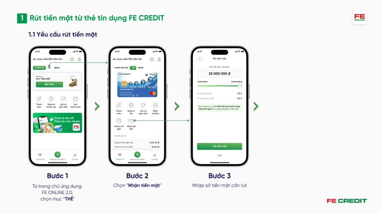 Rút tiền mặt từ thẻ tín dụng trên ứng dụng FE ONLINE
