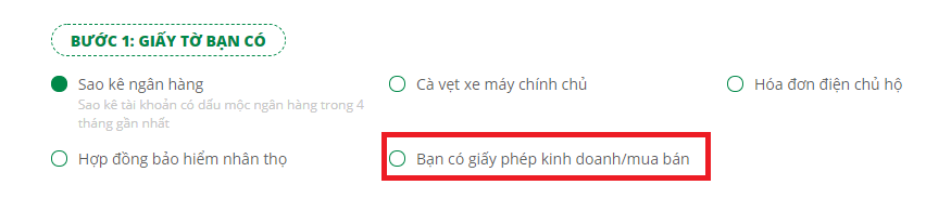 Tính năng "Bạn có giấy phép kinh doanh/ mua bán" trên website FE CREDIT